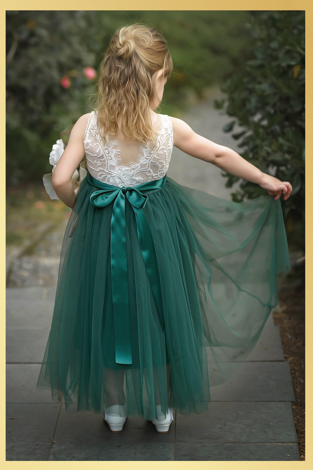 flower girl dress hunter green tulle and white lace