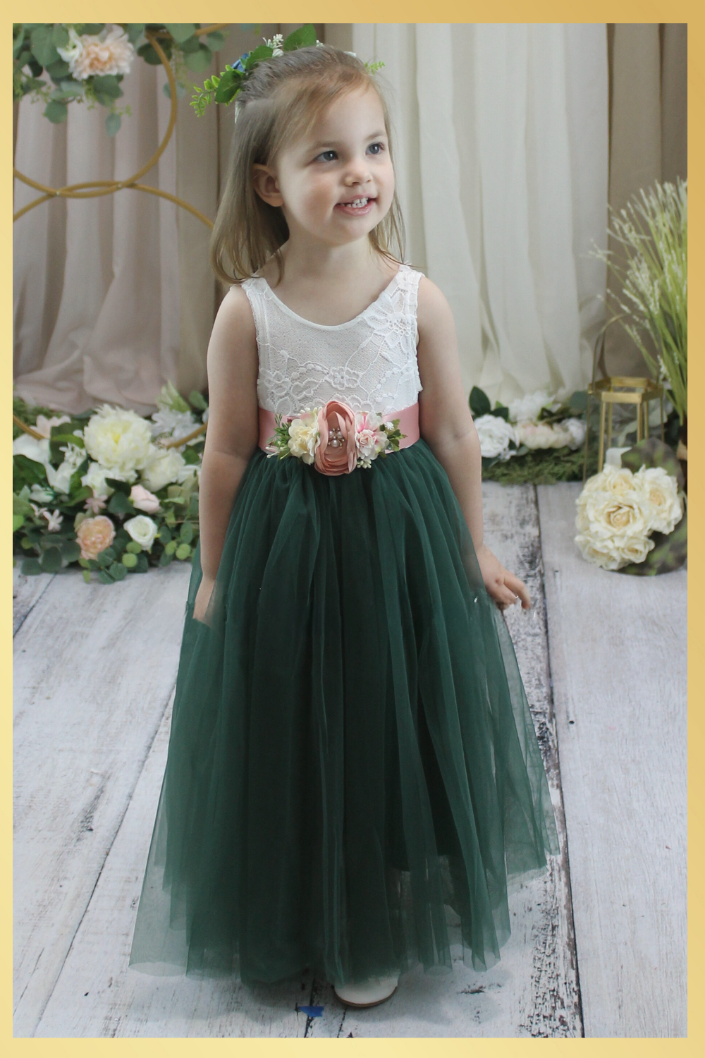 The Peony - Hunter Green Flower Girl Dress - Sunflower Sash