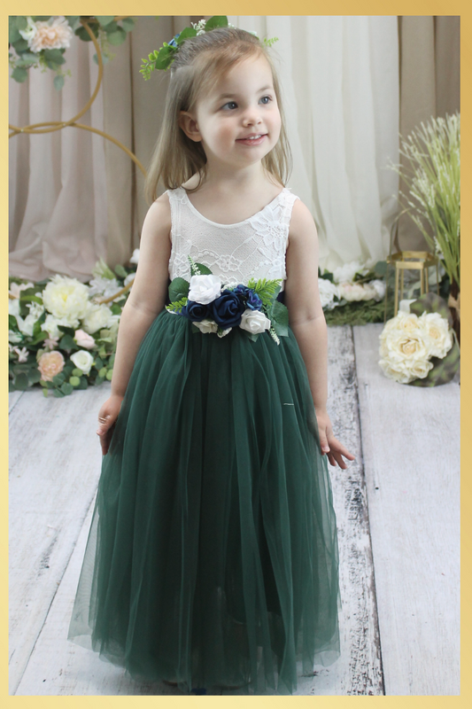 floral sash for flower girl dress in hunter green and navy