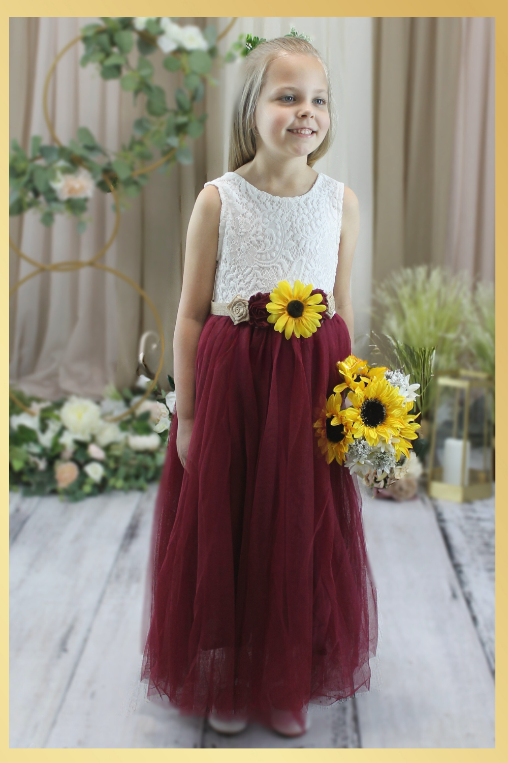 Sunflower burgundy flower girl dress