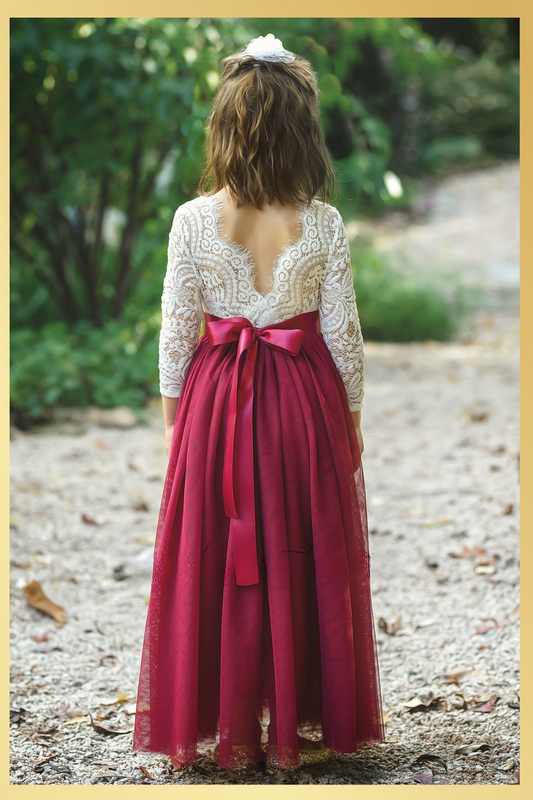 flower girl dress in burgundy tulle and white lace.