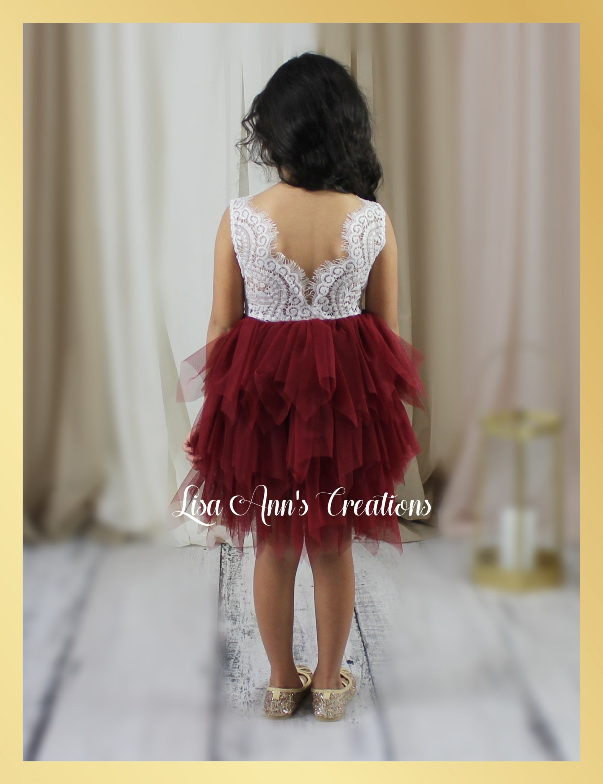 burgundy flower girl dress for spring or summer wedding with lace and tulle.