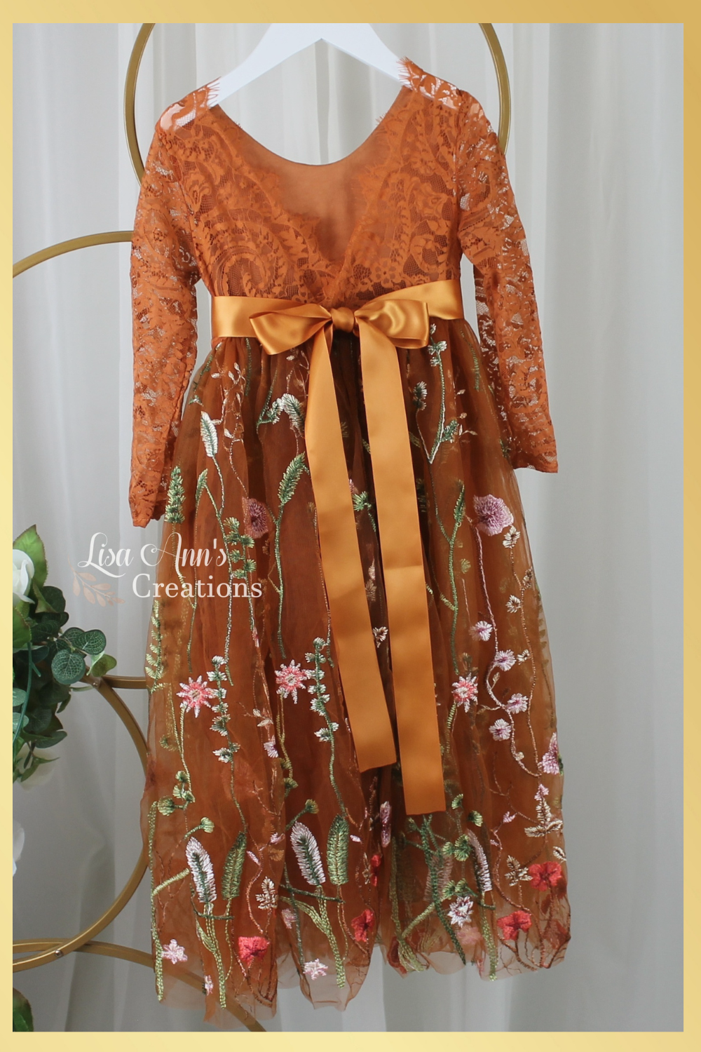 Fall floral flower girl dress burnt orange tulle and lace