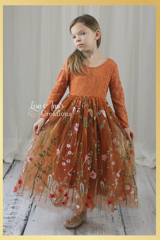 Floral Flower Girl Dress in Burnt Orange Long Sleeves lace and tulle