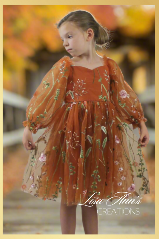 Fall Floral girl dress in burnt orange floral embroidery with long tulle sleeves and knee length style.