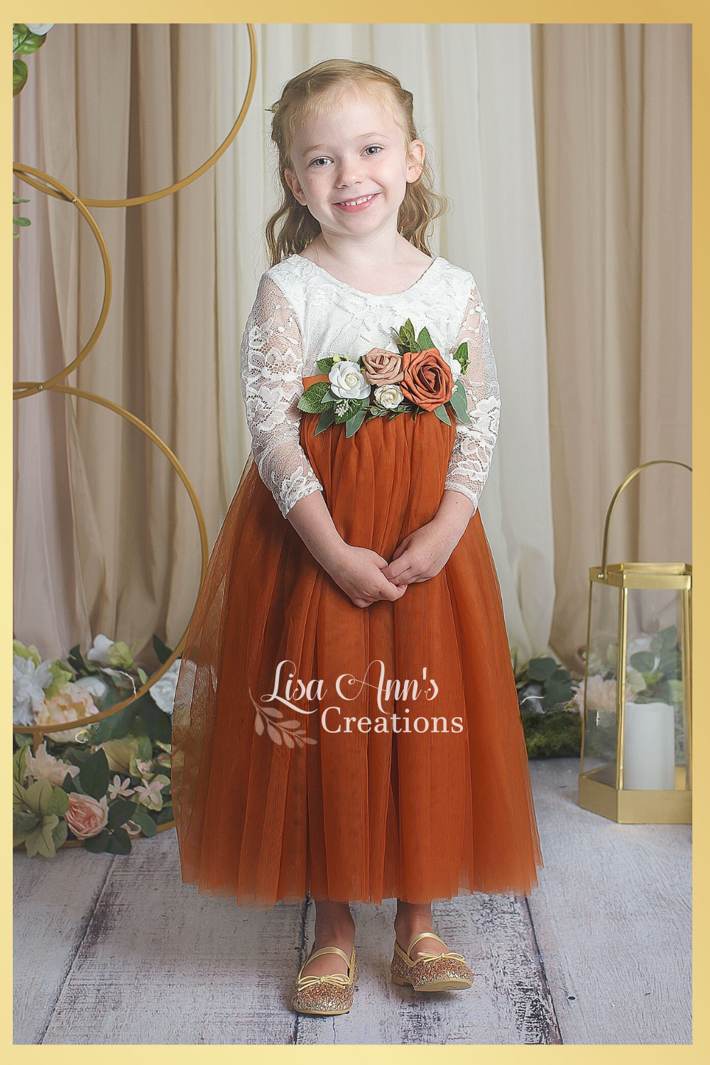 Burnt Orange Flower Girl Dress with custom floral sash