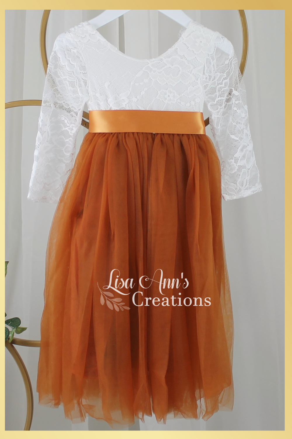 flower girl dress long sleeve white lace and burnt orange tulle