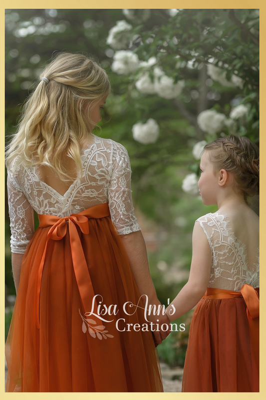 burnt orange flower girl dress and junior bridesmaid tulle and lace burnt orange dress
