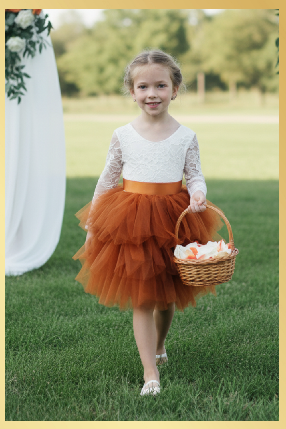 Burnt Orange Flower Girl dress in long sleeves and knee length style