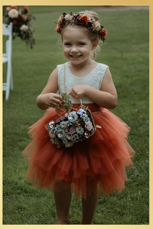Burnt Orange Flower Girl dress in long sleeves and knee length style