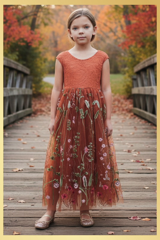 Burnt orange floral embroidery girls' dress. Sleeveless lace sleeves with a floral full length style. perfect for flower girls and special occasions. sizes for babies, toddlers and preteens.