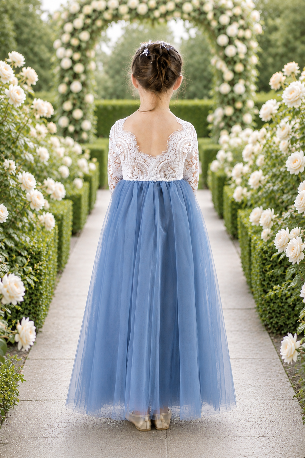 Flower Girl Dress Long Sleeve Dusty Blue Tulle 11/12 / Dress/Flower Jewel Sash