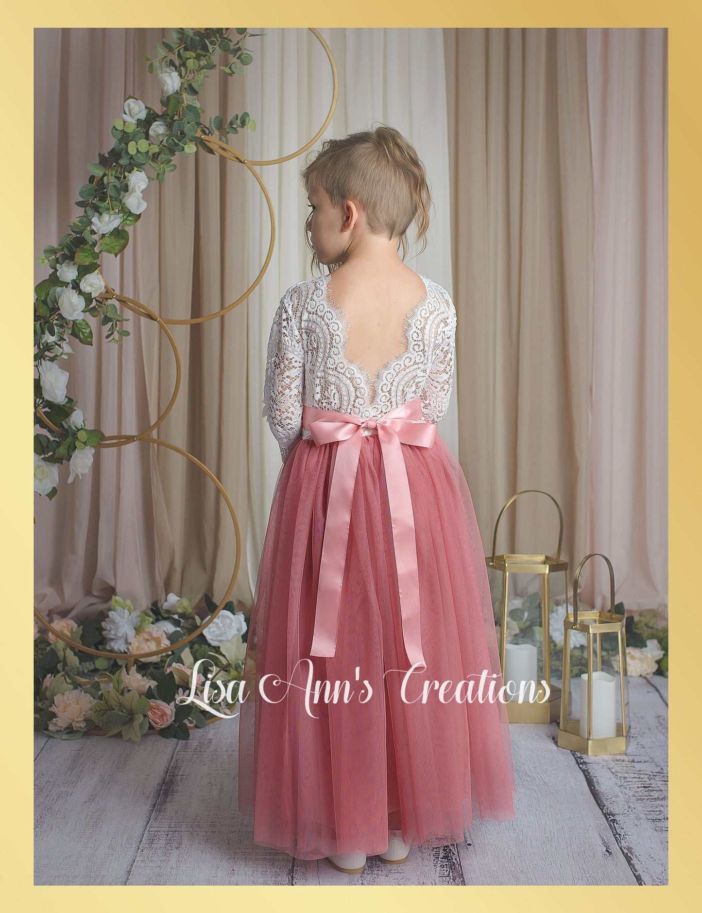 Bohemian flower girl dress dusty rose tulle and white lace