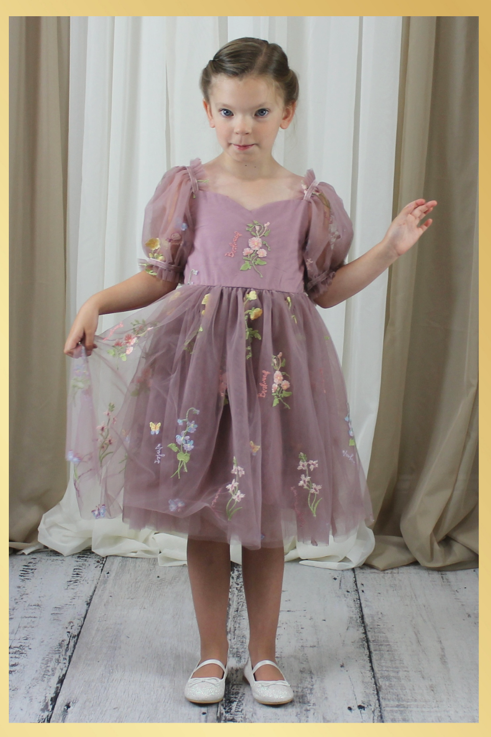 flower girl dress in dusty purple floral embroidery