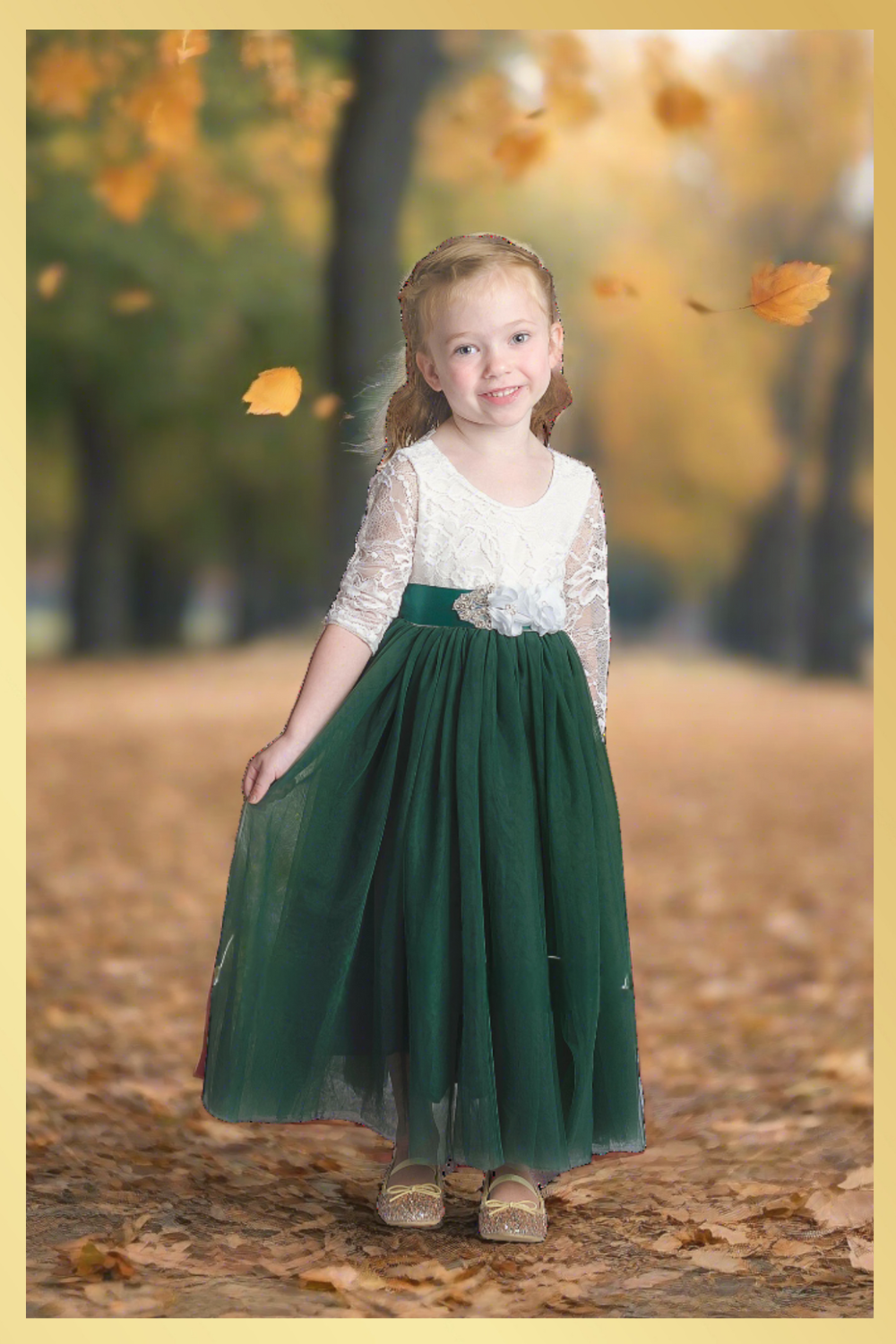 Fall wedding flower girl dress in hunter green