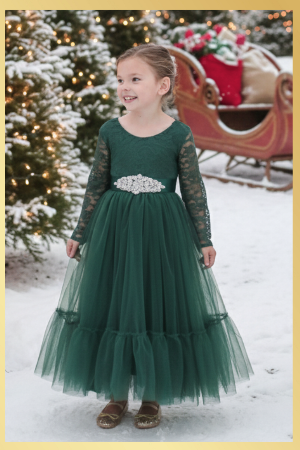 Girls Green Christmas Dress in lace and tulle