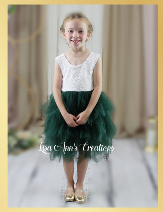 Hunter Green flower girl dress with lace and tulle