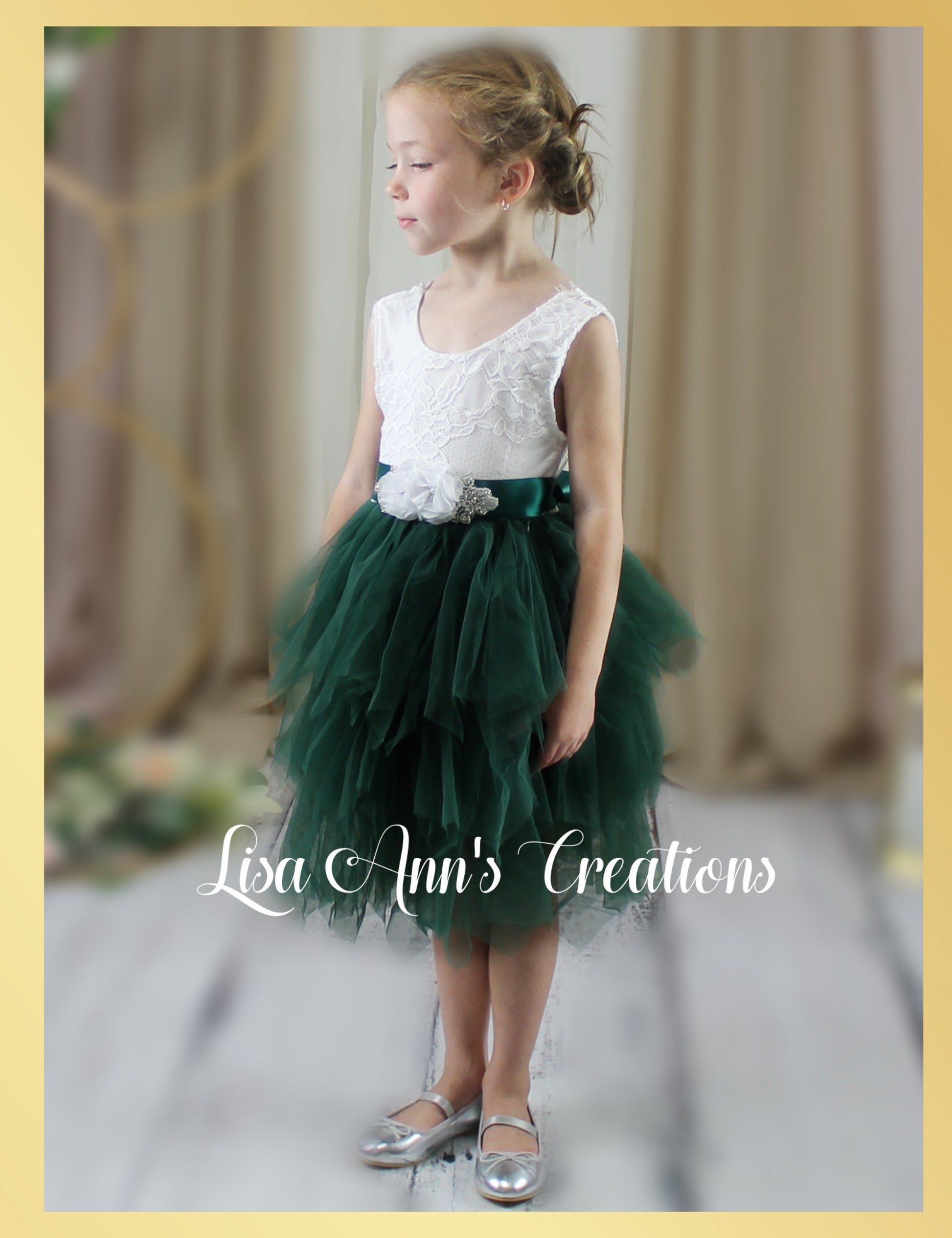 Boho Flower Girl dress in Hunter green