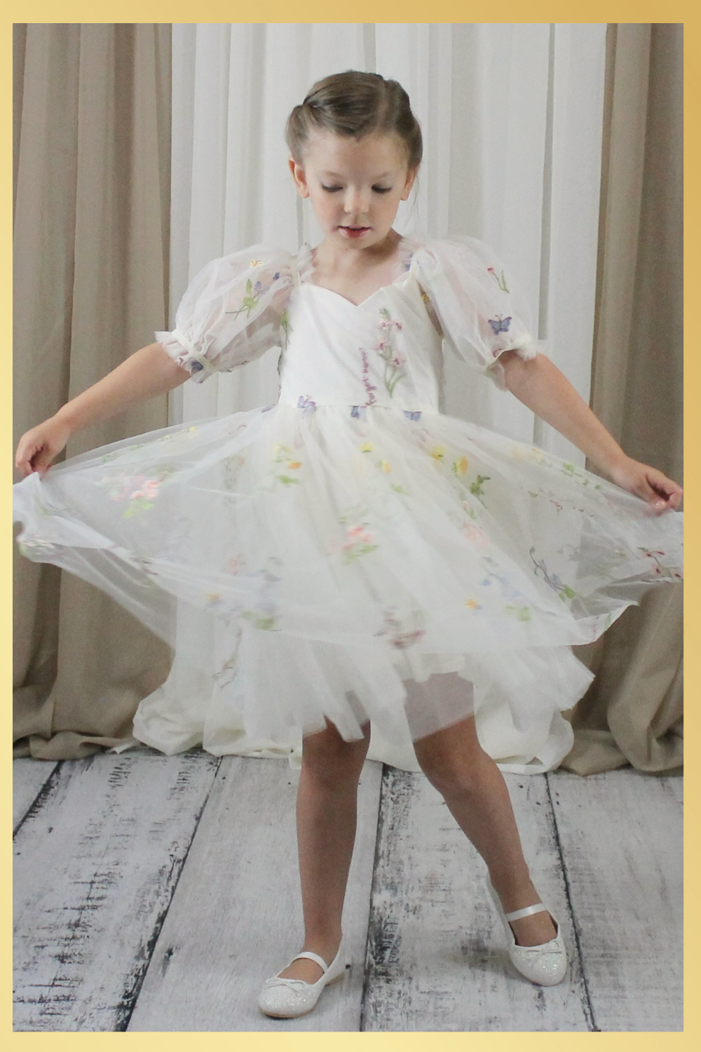 floral flower girl dress in ivory tulle