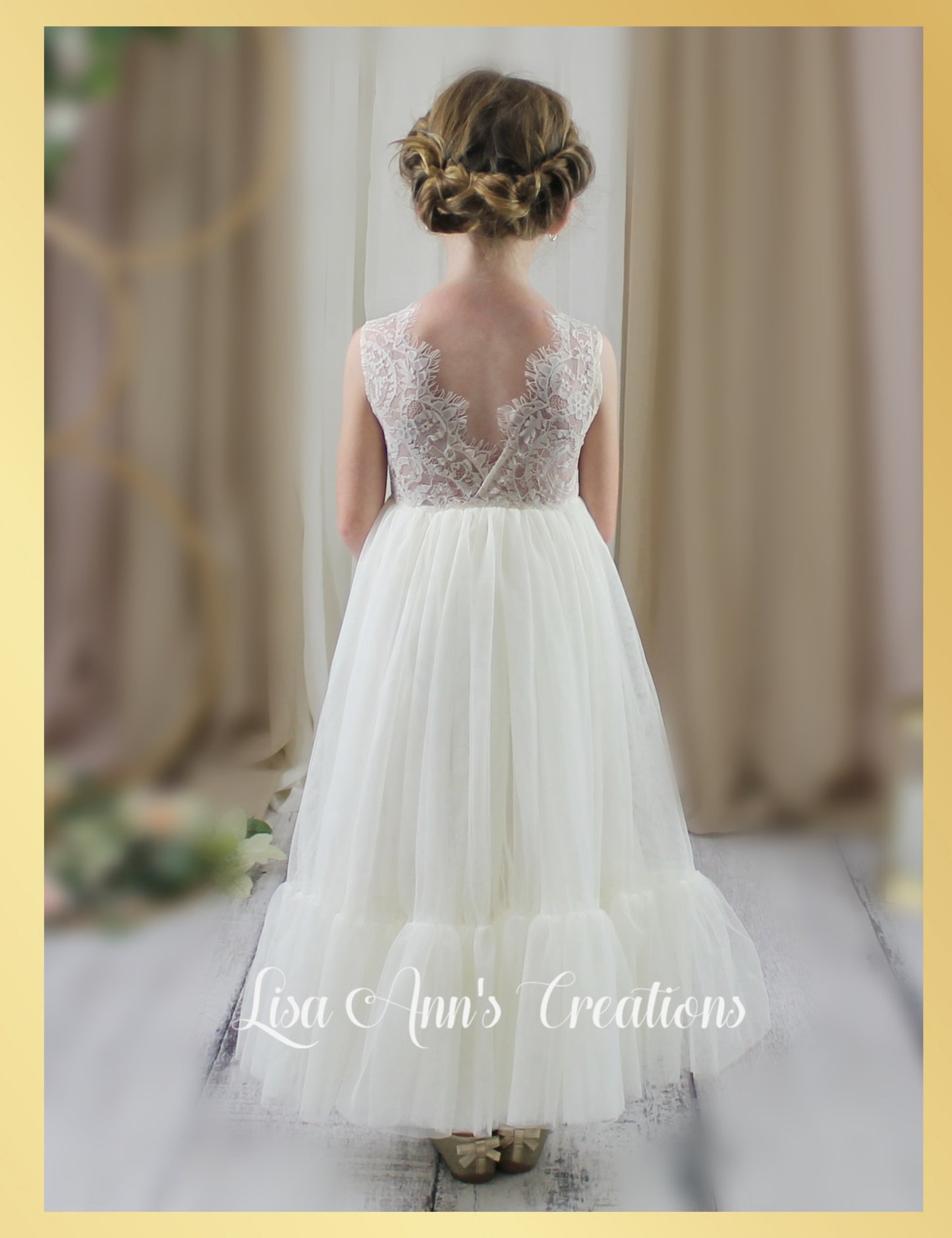 Boho flower girl dress in ivory tulle and lace