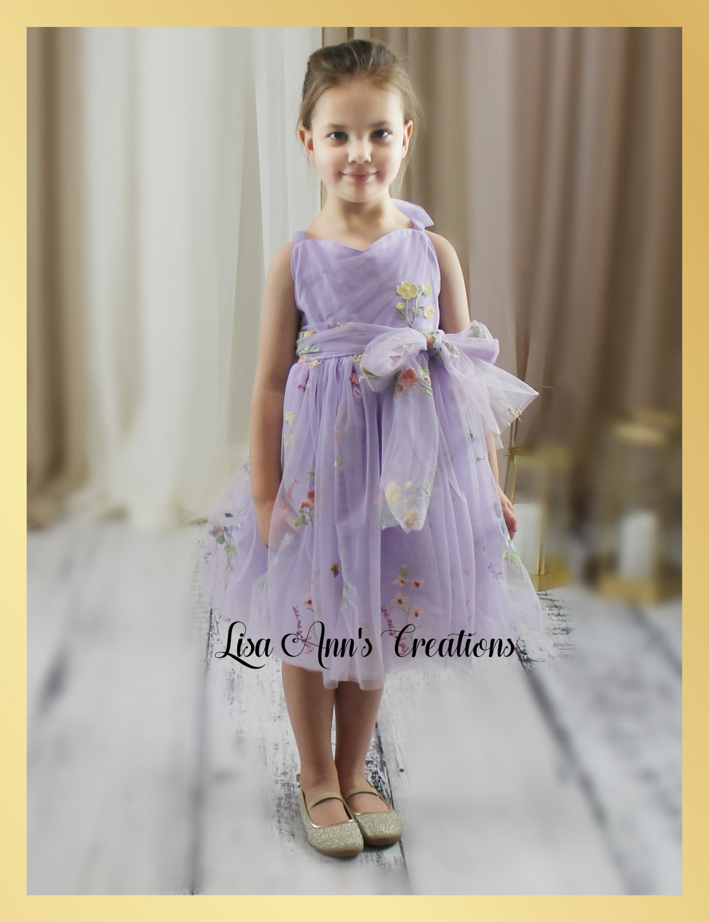 Floral flower girl dress in lavender embroidered tulle