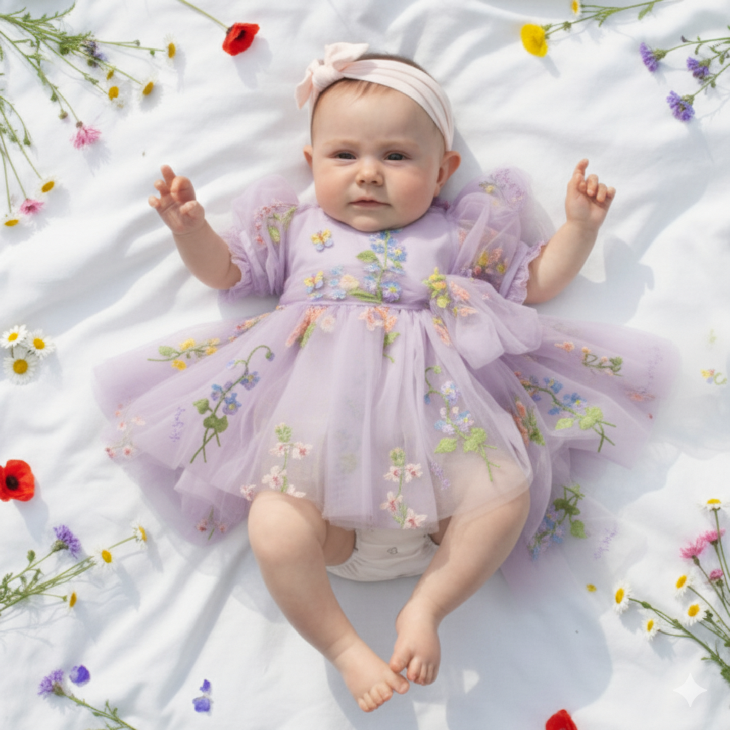 Lavender baby girl flower girl dress with floral embroidery wildflowers