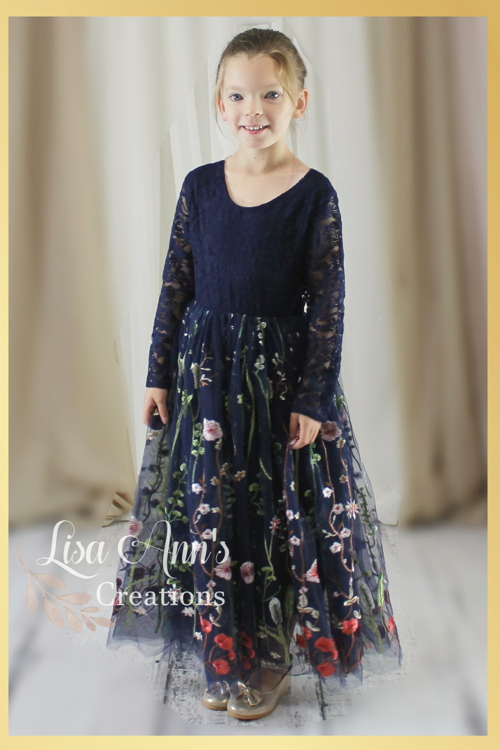 Navy Floral Girls Dress for Special Occasion
