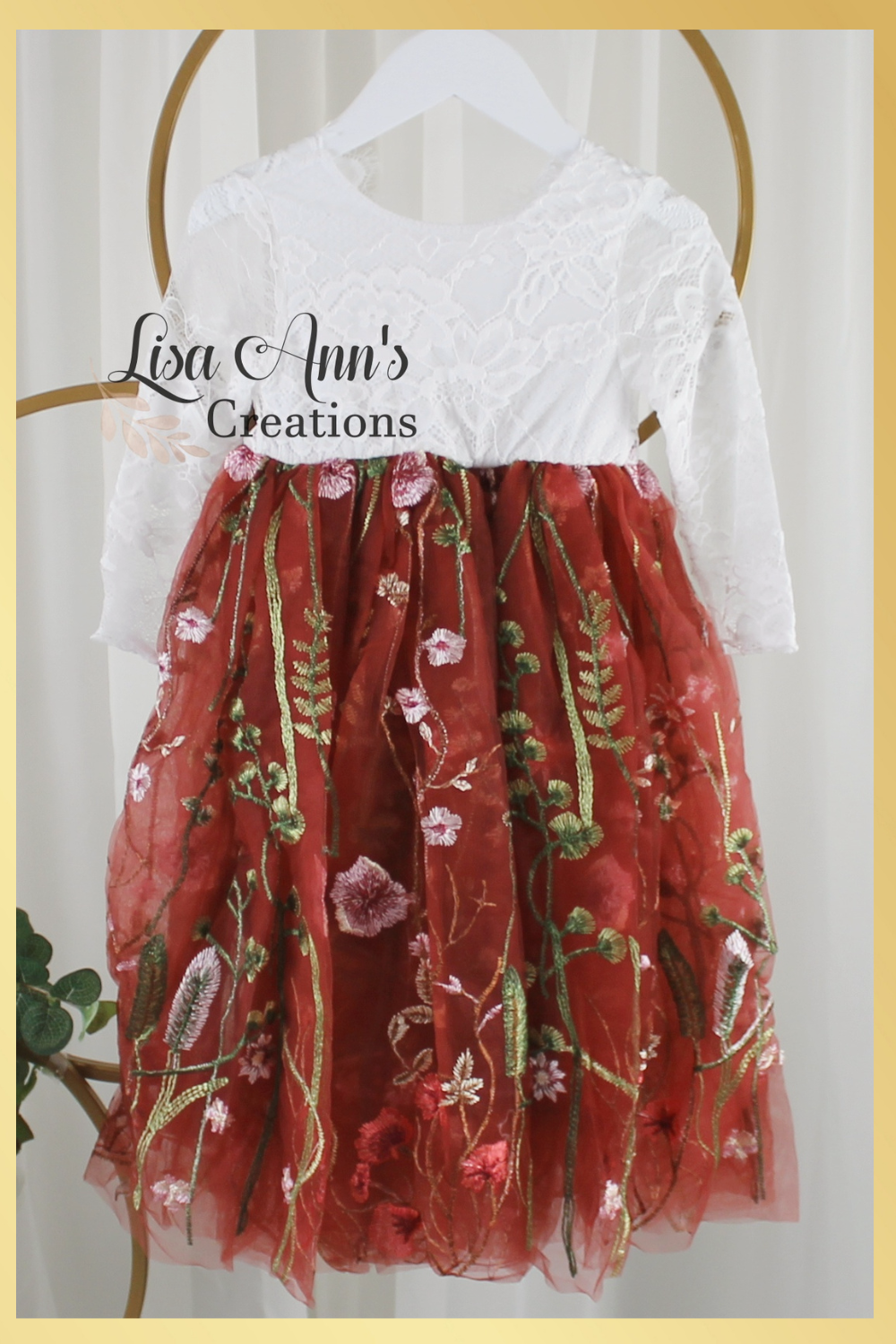 rust flower girl dress in floral tulle and white lace