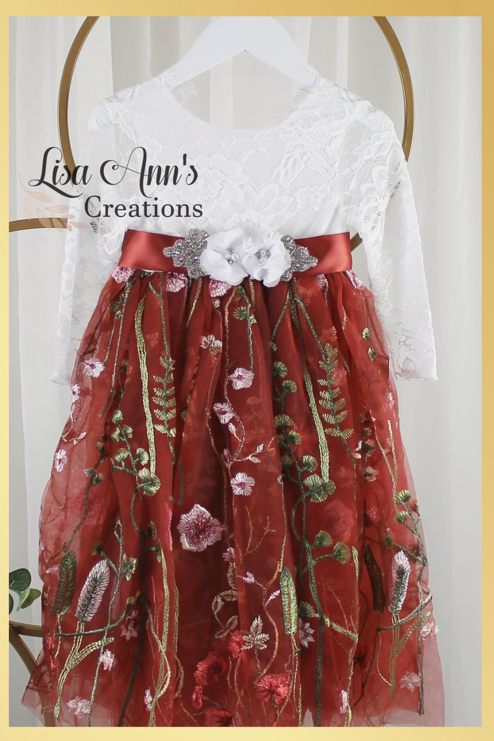 toddler flower girl dress in rust floral embroidery long sleeves