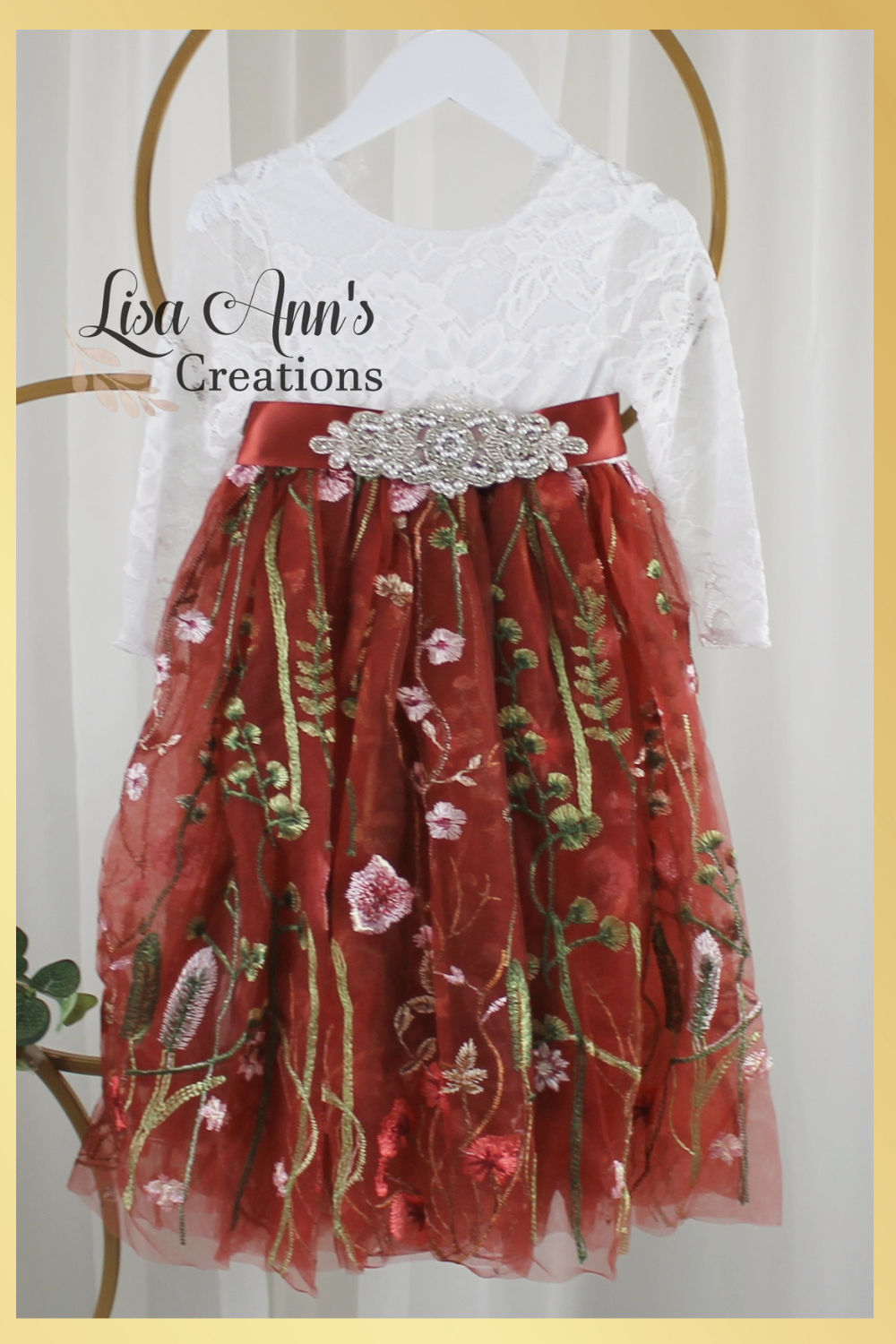 Junior Bridesmaid dress in rust floral tulle