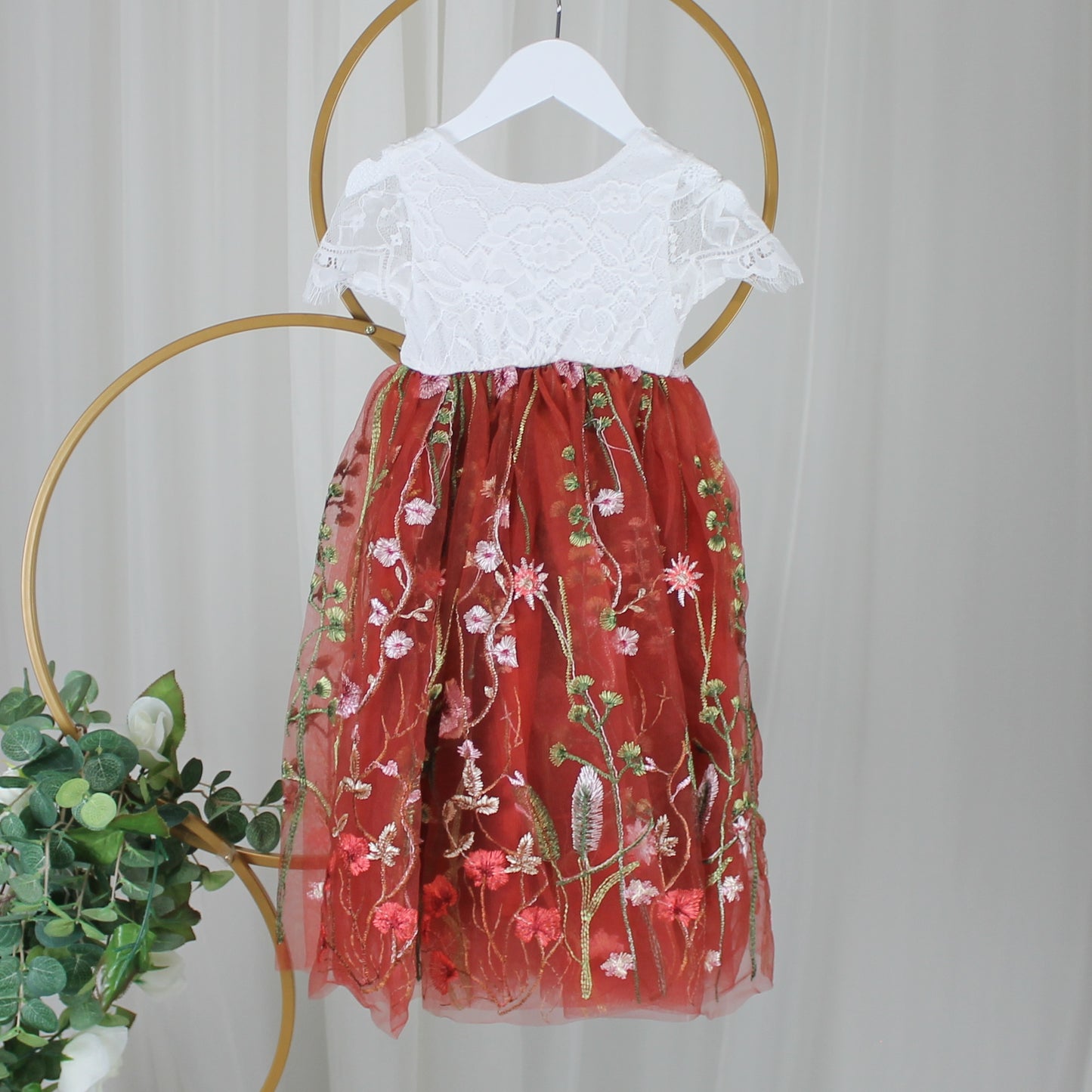 The Dahlia - Rust Floral Flower Girl Dress -Short Sleeve
