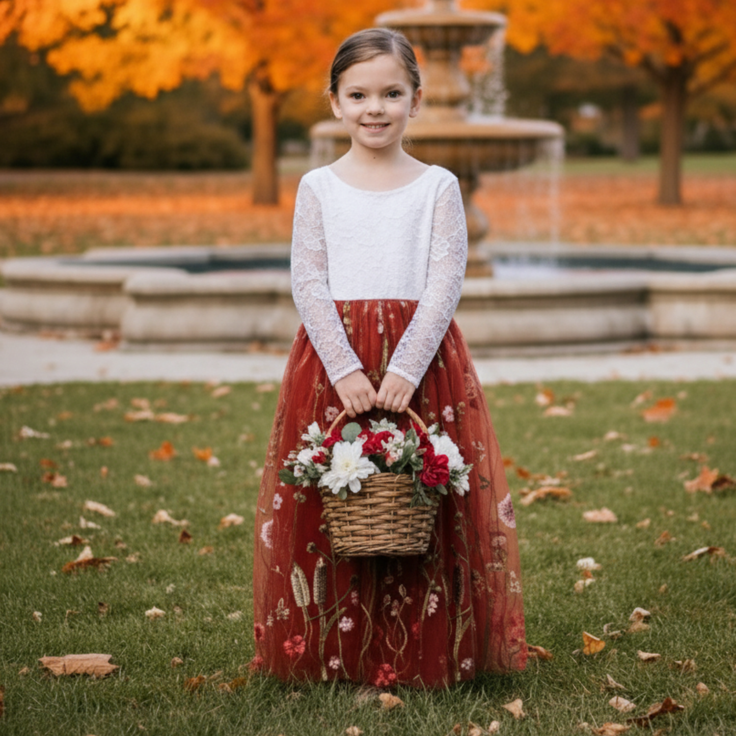 flower girl in rust floral embroidery tulle with long lace sleeves and full length dress.