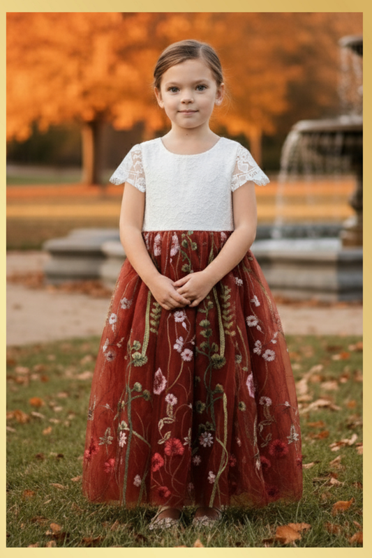 The Dahlia - Rust Floral Flower Girl Dress -Short Sleeve