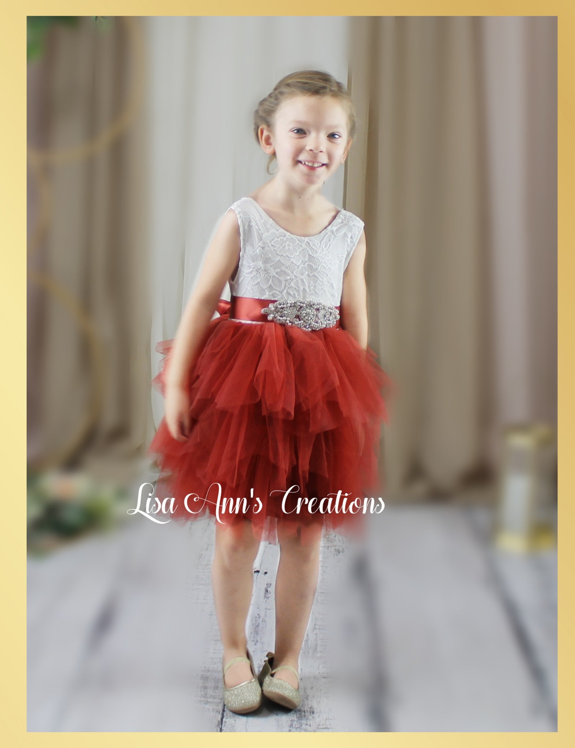 Rust tulle flower girl dress for spring summer and fall weddings.