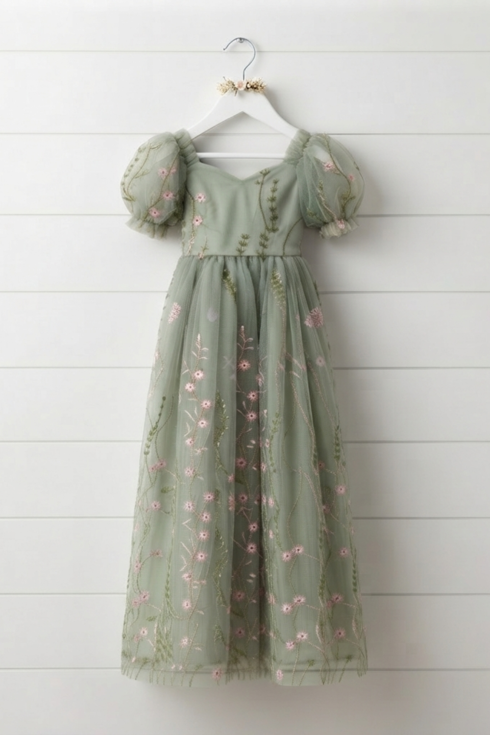 Fall flower girl dress in sage floral embroidery