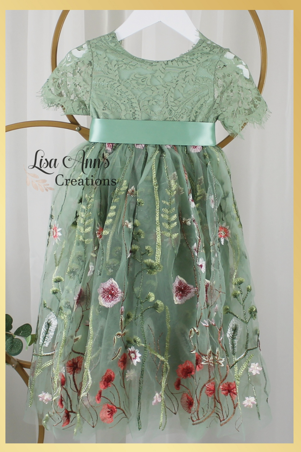 floral flower girl dress in sage green tulle and lace