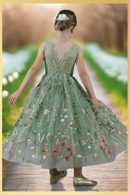 Sage floral flower girl dress in sleeveless lace style and full length skirt in tulle