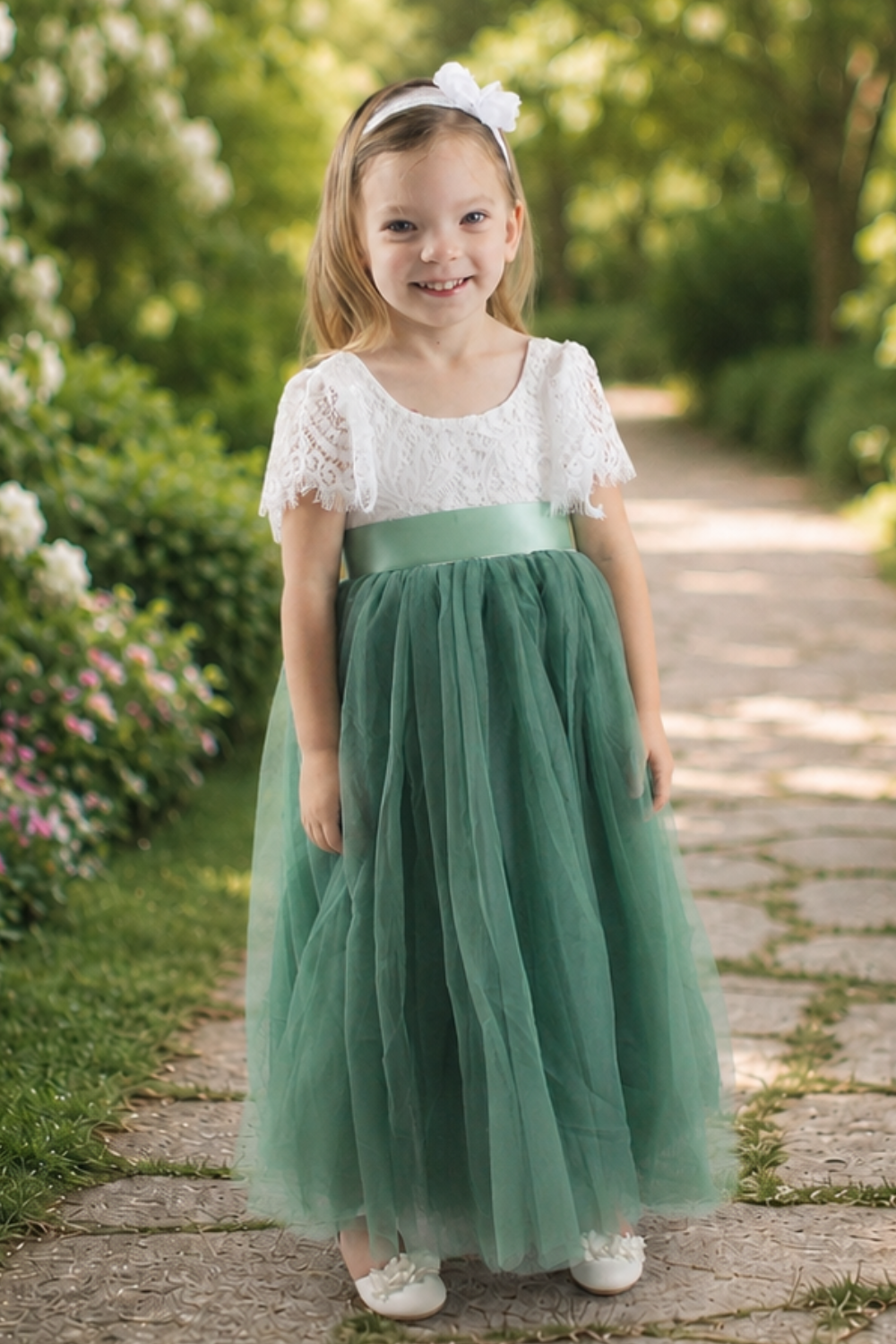 Sage Flower Girl Dress in Short Sleeves Full Length Tulle Dress 7/8 / Dress/Jewel Sash