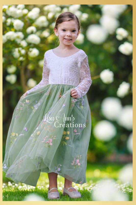 Flower girl dress sage green floral embroidery long sleeve