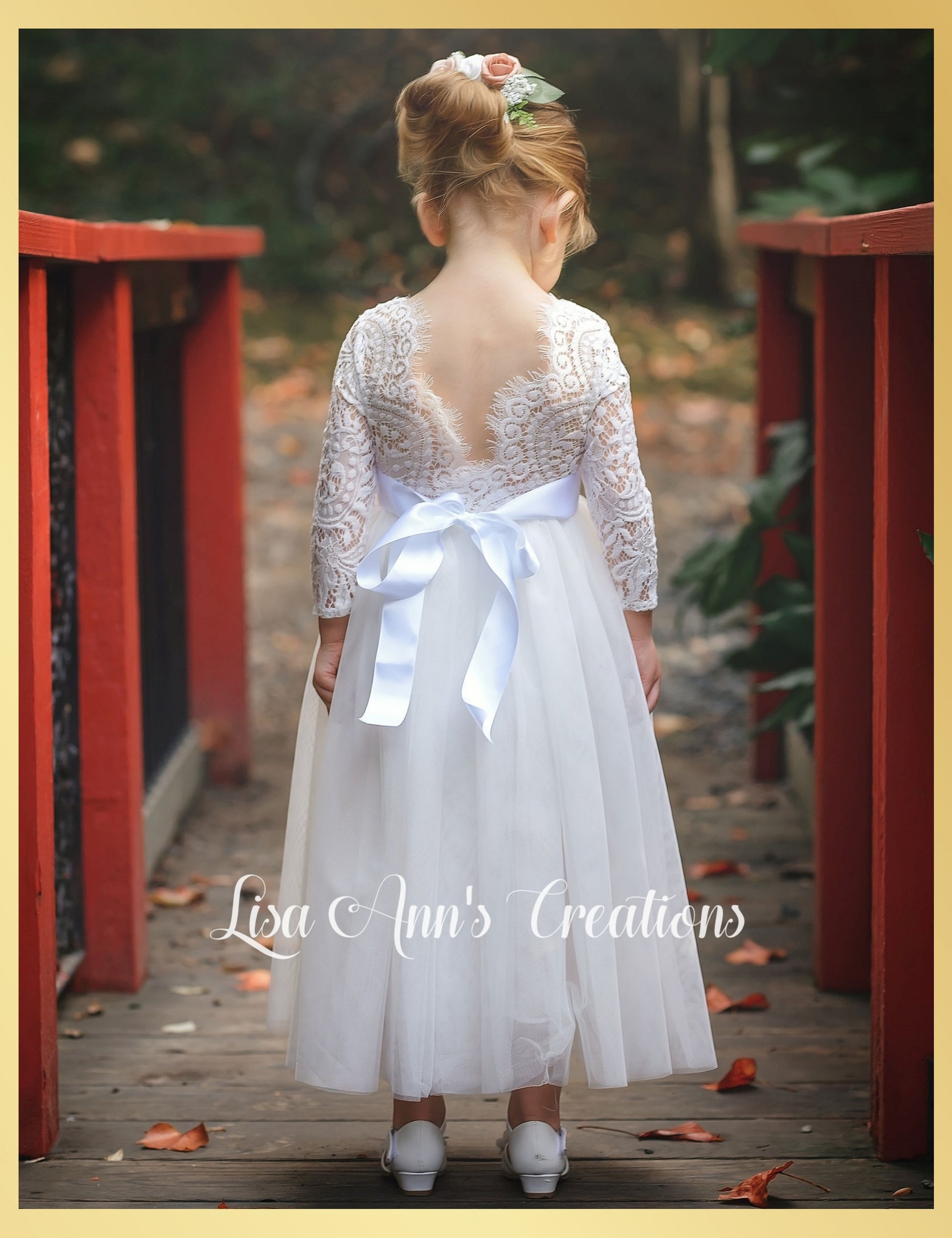 Flower girl dress white lace and long tulle.