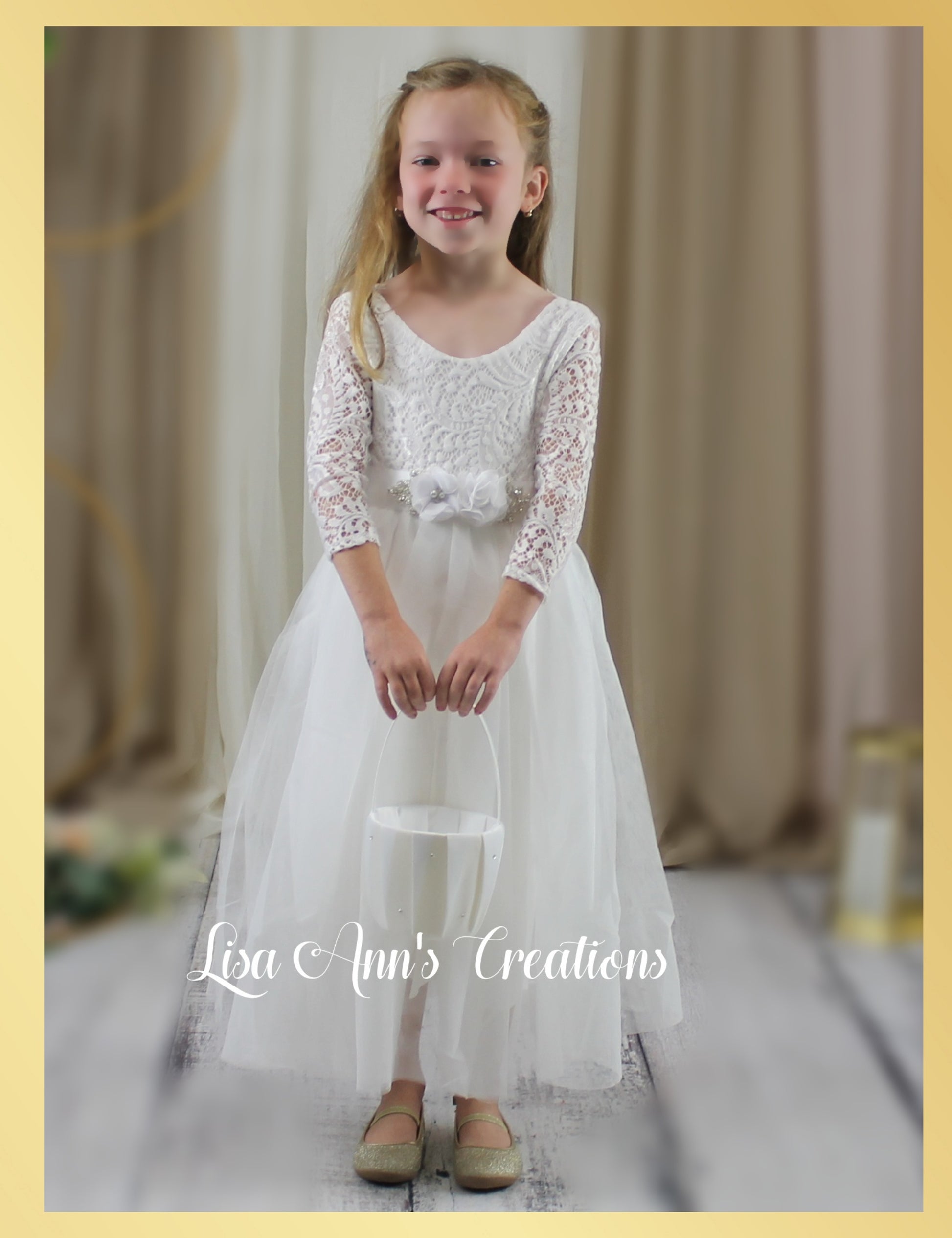 White junior bridesmaid dress with tulle and lace