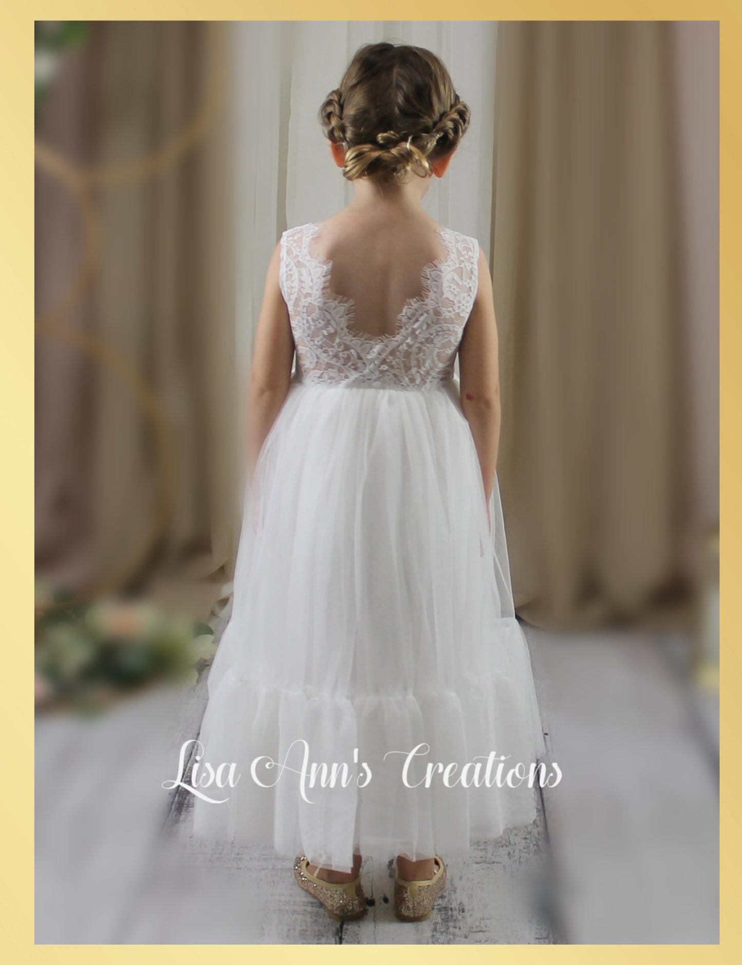 mini bride in white flower girl dress