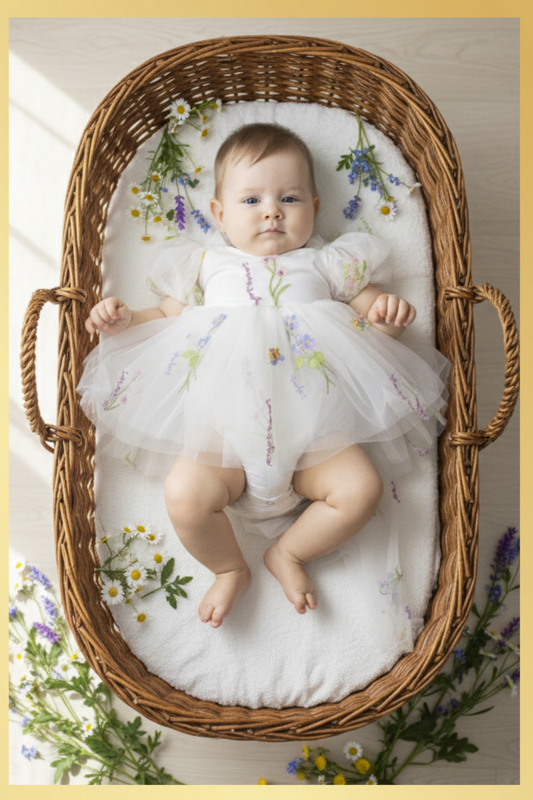 white wildflower floral baby girl dress with built in romper bodysuit.