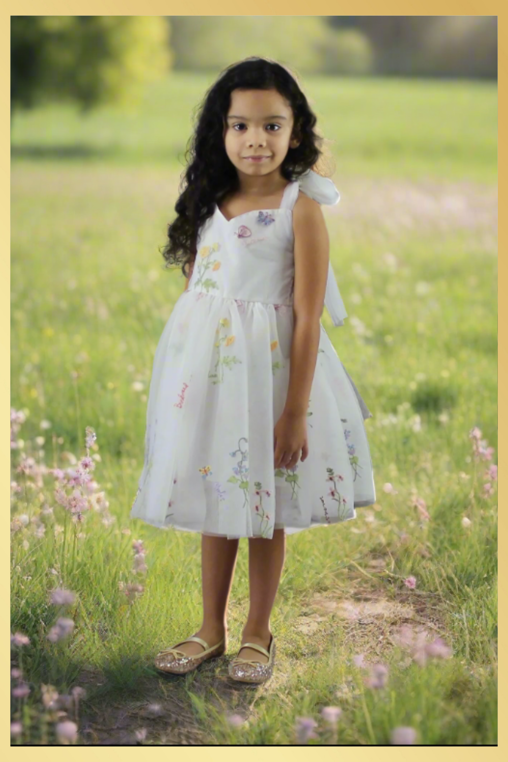 White Floral Flower Girl dress in knee length and sweetheart neck line.