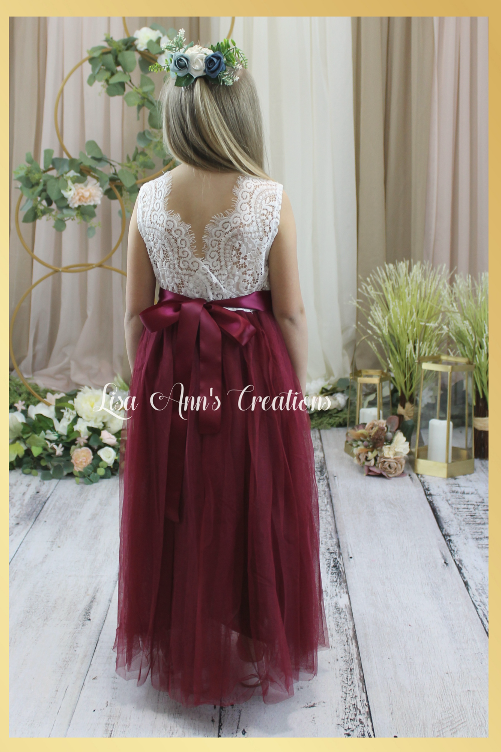 flower girl dress in burgundy tulle and white lace sleeveless
