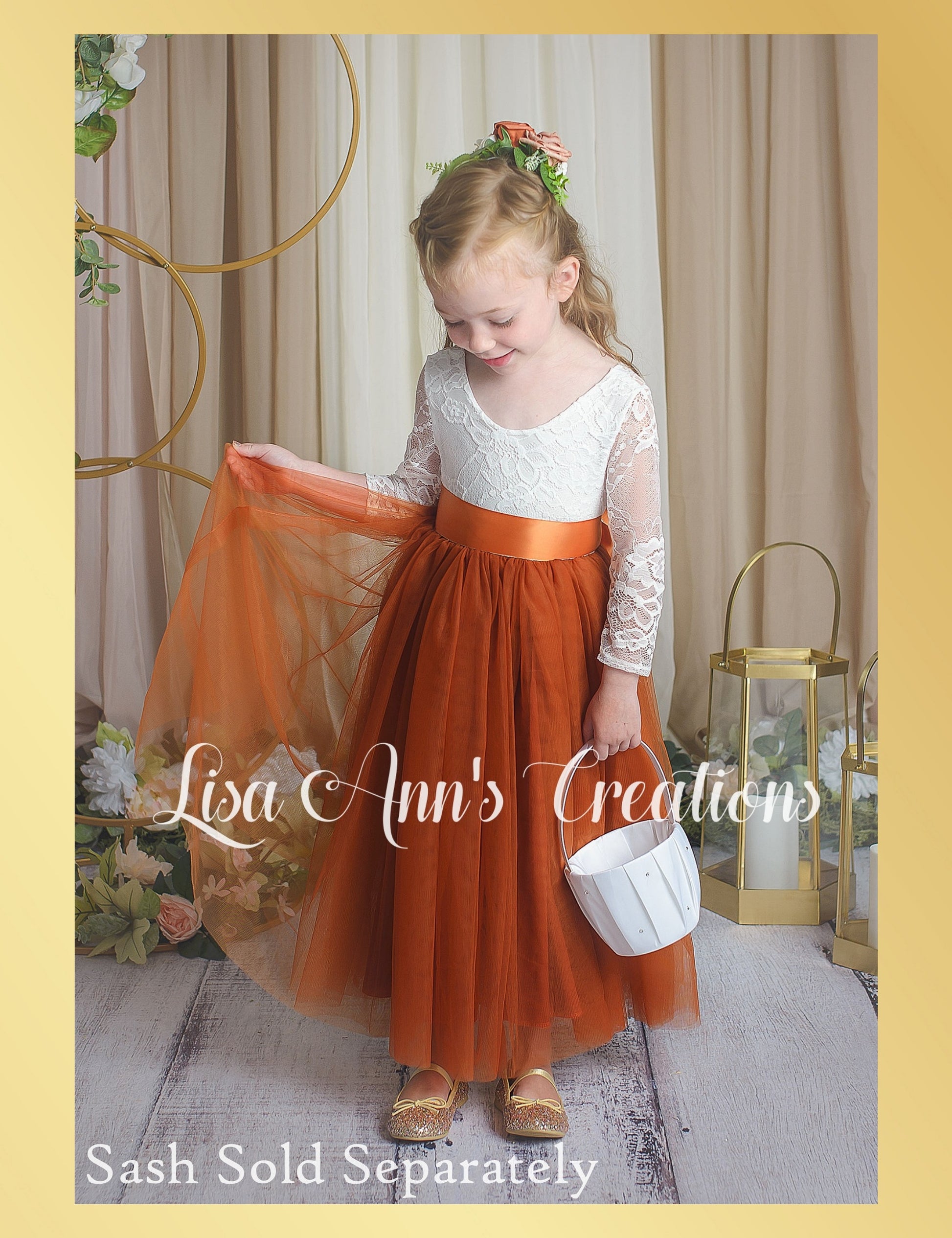 Flower Girl Dress burnt orange tulle and white lace in long sleeves