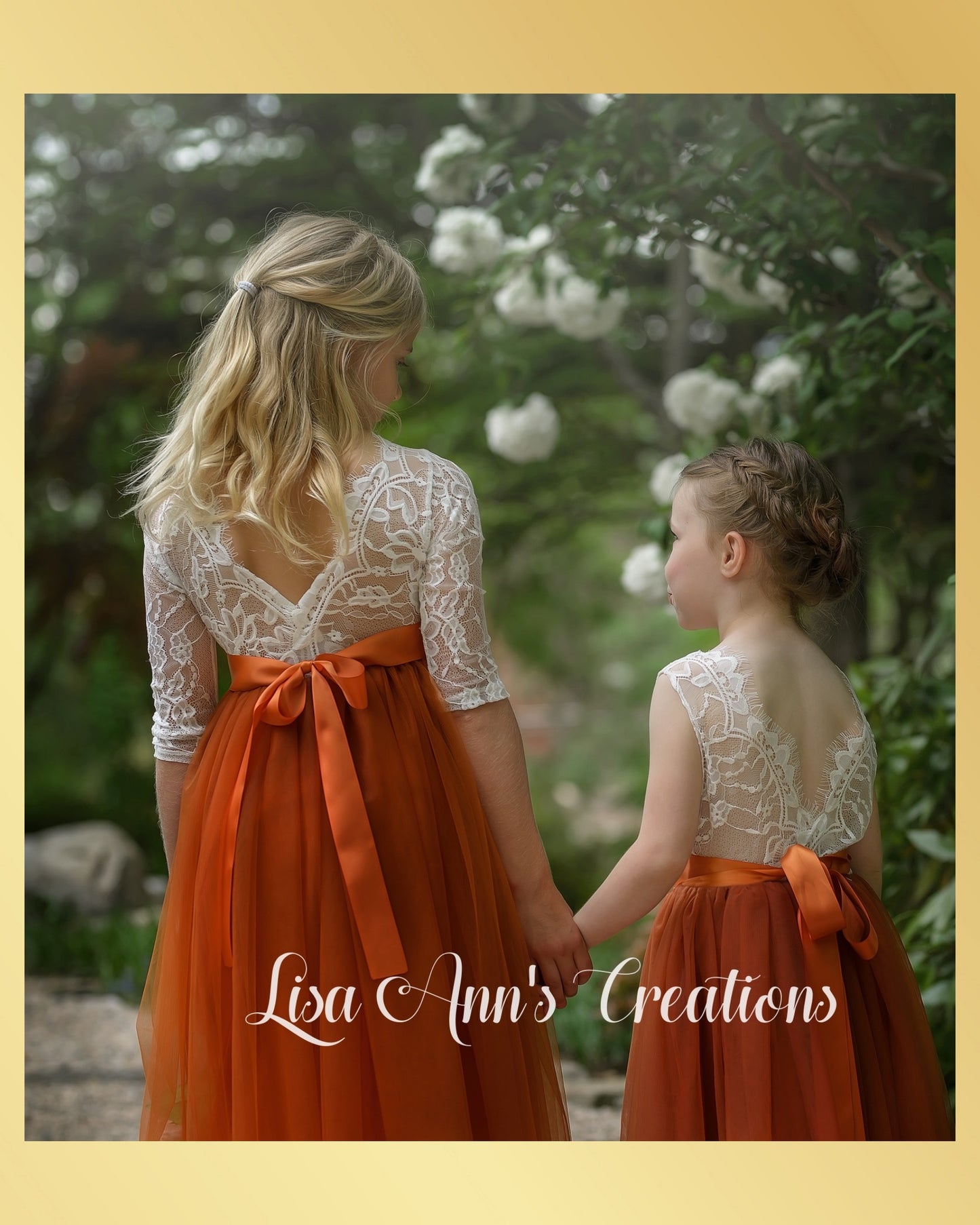 Junior Bridesmaid dress in burnt orange tulle and white lace