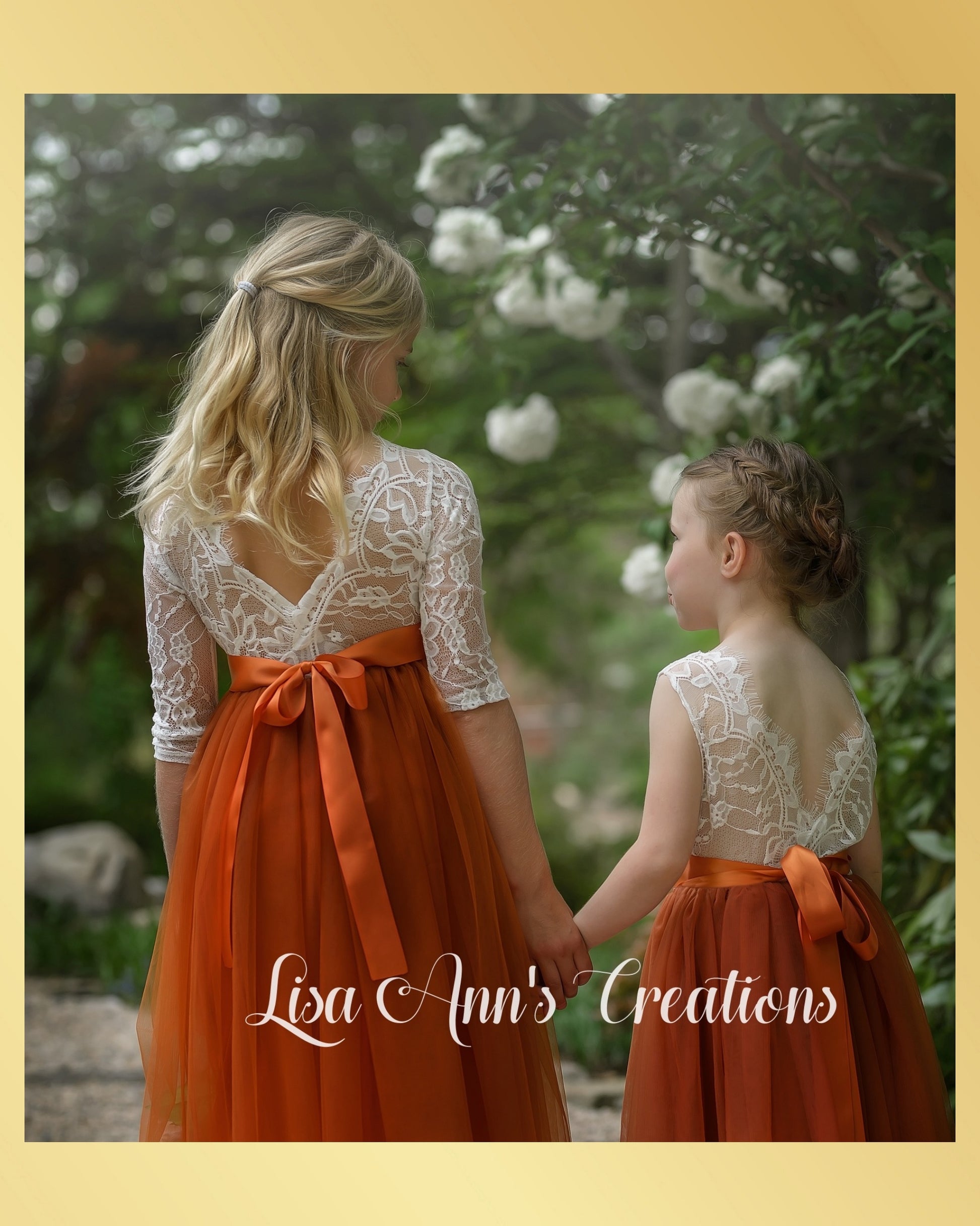 Junior Bridesmaid dress in burnt orange tulle and white lace
