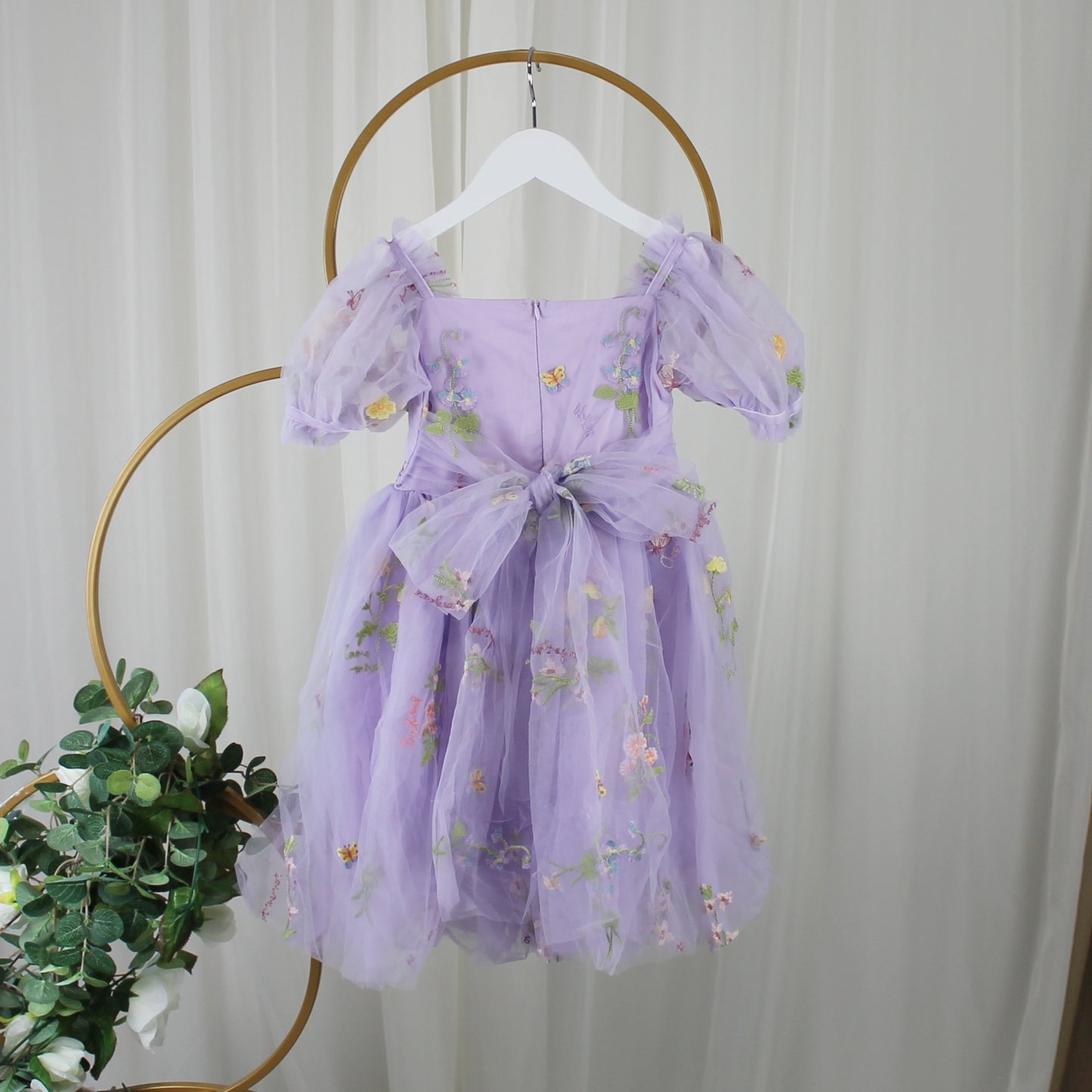 Lavender flower girl dress with floral embroidery wildflowers