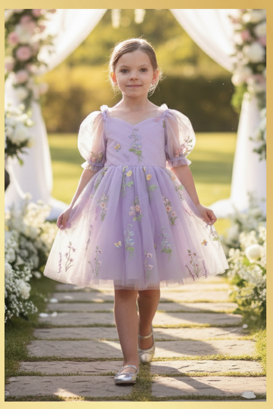 Lavender flower girl dress with floral embroidery wildflowers